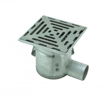 Edelstahl Hofablauf, Kellerablauf 15 x 15cm Ablauf DN 50 waagerecht